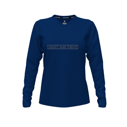 [CUS-DFW-TEES-PER-VNK-LSL-NVY-FYXS-LOGO3] Decker Performance T-Shirt (Female Youth XS, Navy, V Neck, Logo 3, Long Sleeve)